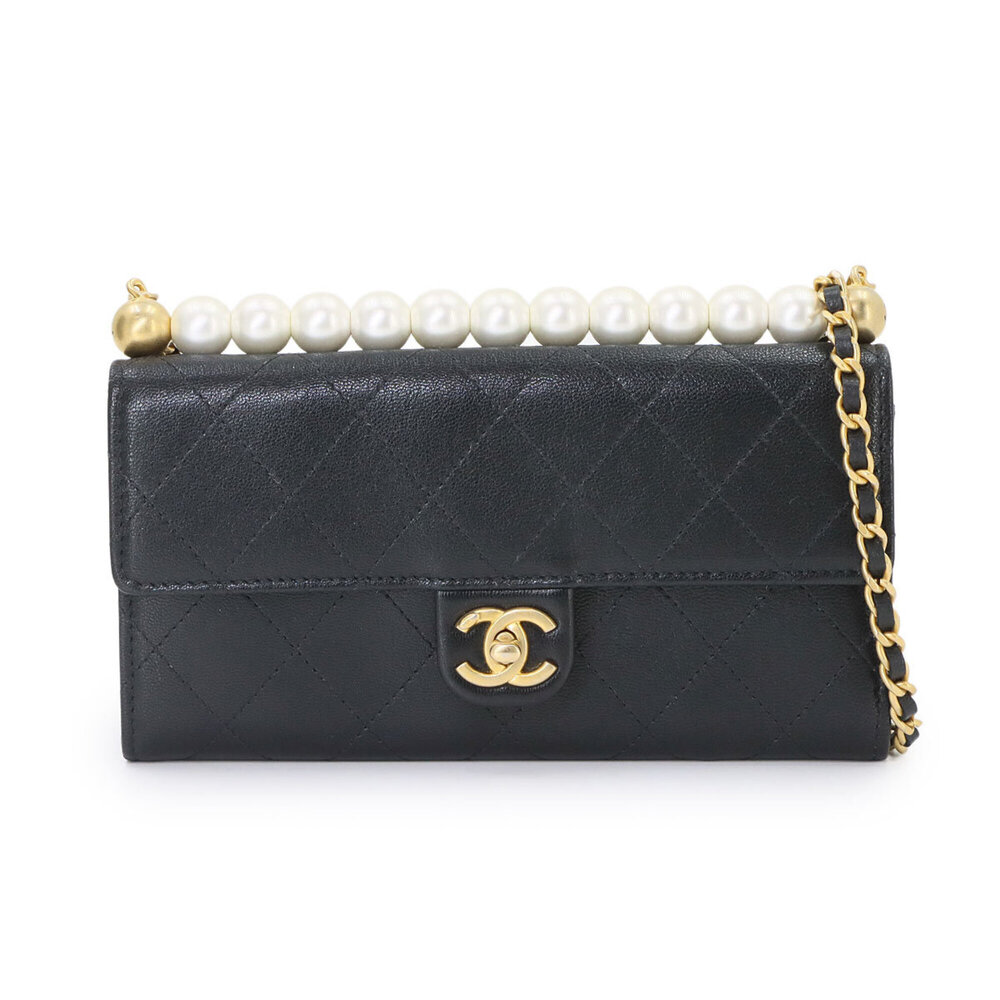 Chanel Matelassé Chain Wallet, Long Faux Pearl Leather, Black AP1001, Gold Ha...